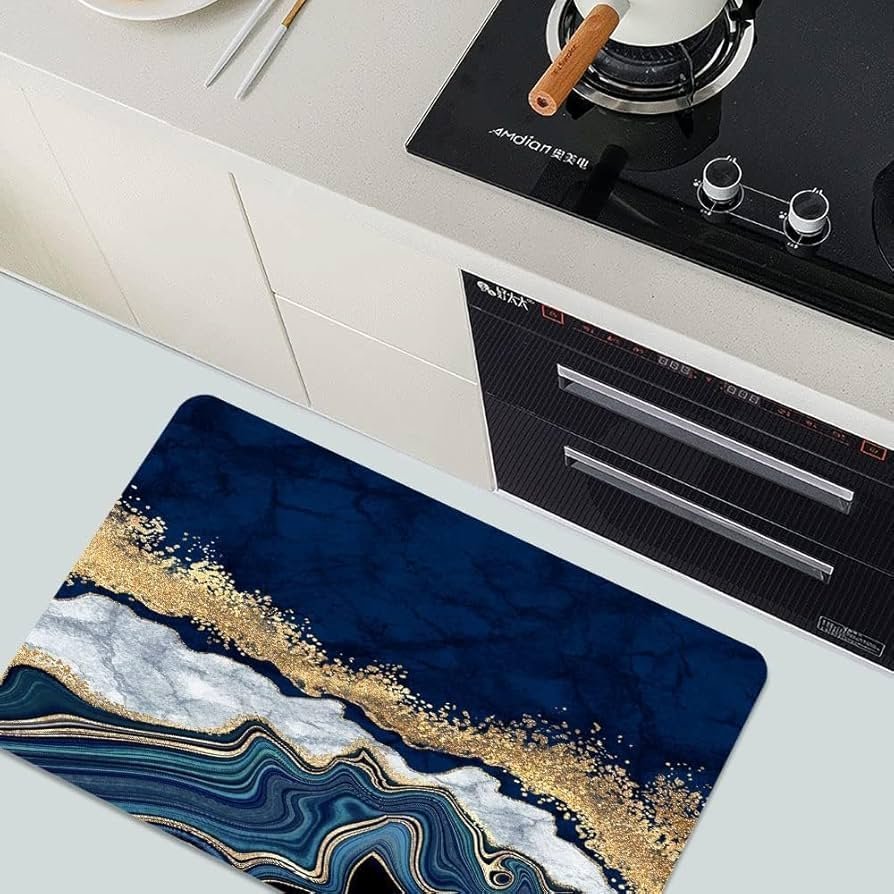 3D Non-Slip Textured Bathroom Mat (60x40 cm) - Water Absorbent Thin Square Shower Rug for Home & Kitchen (Blue Marble) - Image 5