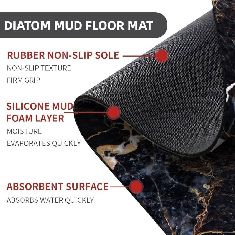 3D Non-Slip Textured Bathroom Mat (60x40 cm) - Water Absorbent Thin Square Shower Rug for Home & Kitchen (Black Marble) - Image 5