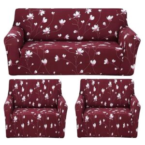 Wine Flower Polyester Sofa Cover – Stretch Fit, Universal 3+1+1 Seater, Modern Style