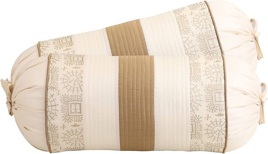 Silk Striped & Rajasthani Warli Golden Hand Printed Square Pillow Cushion Covers 16x16 inches Set of 5 & Round Pillow Bolster Covers Set of 2 16x32 inches (Pack of 7,Beige) - Image 8