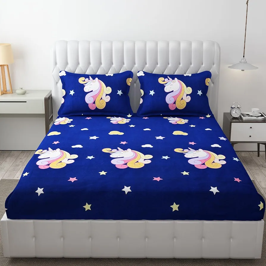 300 TC Glace Cotton Fitted Bedsheet – King Size 78x72 in | Dinosaur Cartoon Print in Blue | Wrinkle-Free with 2 Pillow Covers | Fits Mattress up to 8 Inch