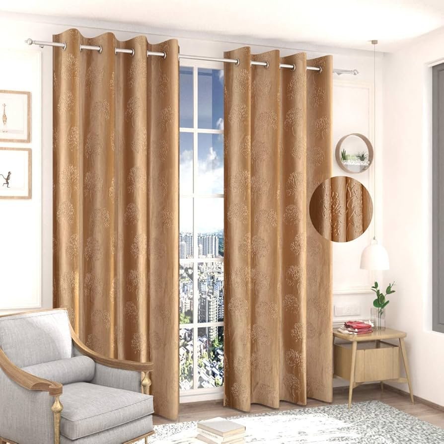 Botanical Opaque Window Curtains 6 Feet Long High Tenacity Yarn Polyester Punch Curtains, Screens for Home Office Prada for Living Room Bedroom Dust Repellent (Golden, 2pc, Grommet)
