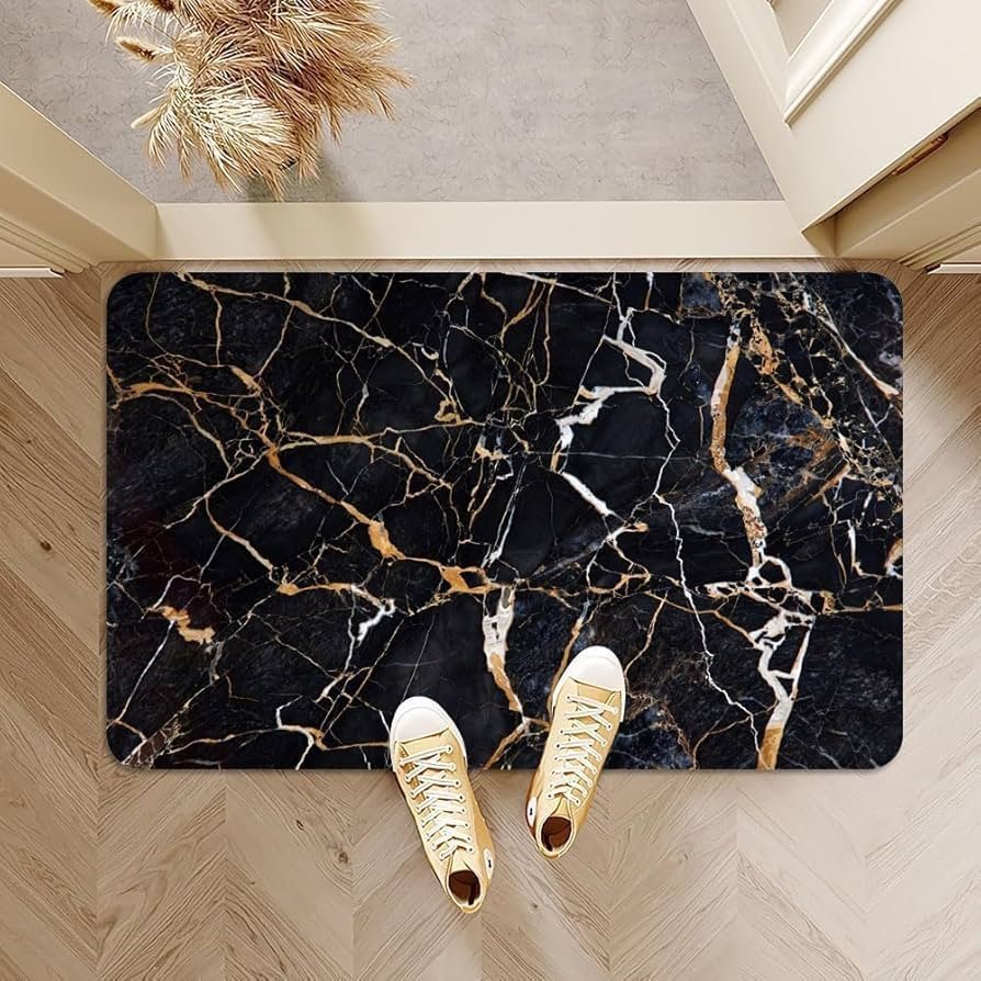 3D Non-Slip Textured Bathroom Mat (60x40 cm) - Water Absorbent Thin Square Shower Rug for Home & Kitchen (Black Marble)