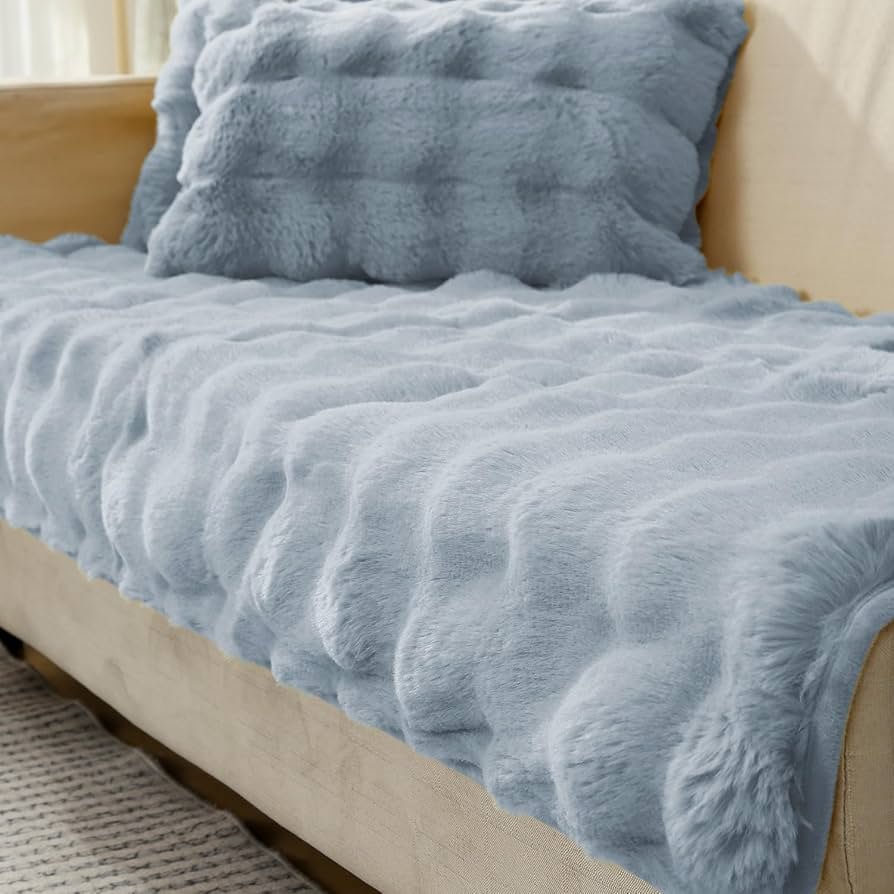 Premium Faux Rabbit Fur Anti-Slip 3 Seater Sofa Mat with 2 Armrest Covers – Charm Blue - Image 2