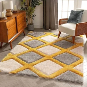 Geometric Yellow Shaggy Rug – 4x6 ft, Soft Microfibre Carpet for Living Room, Bedroom & Home Office