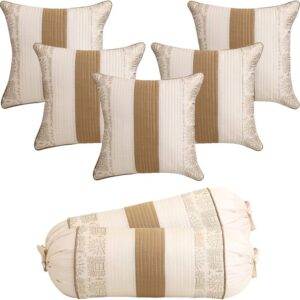 Silk Striped & Rajasthani Warli Golden Hand Printed Square Pillow Cushion Covers 16x16 inches Set of 5 & Round Pillow Bolster Covers Set of 2 16x32 inches (Pack of 7,Beige)