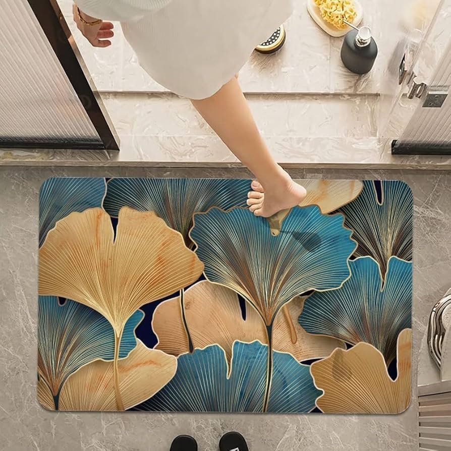 Non-Slip Textured Bathroom Mat (60x40 cm) - Water Absorbent Thin Square Shower Rug for Home (Gold Leaf Design) - Image 4