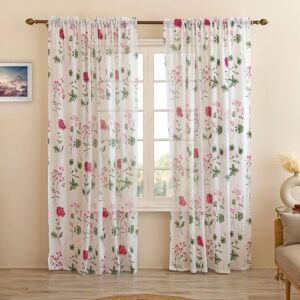 Faux Linen Curtains with Rod Pocket Top Drapes for Living Room, Set of 2 (Pink Floral, Door - 7 Feet)
