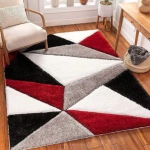 Geometric Red Shaggy Rug – 4x6 ft, Soft Microfibre Carpet for Living Room, Bedroom & Home Office