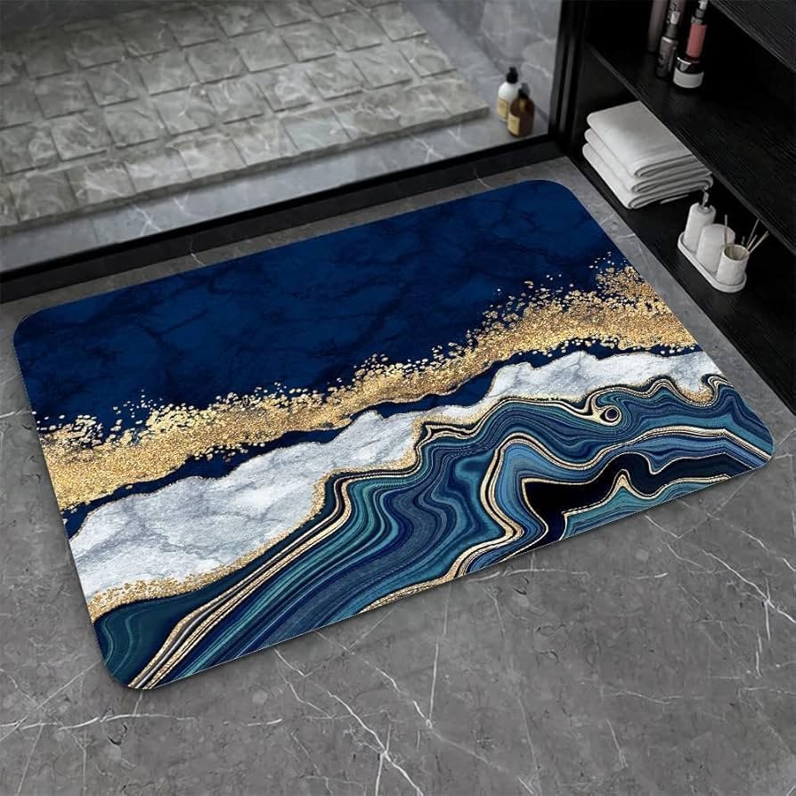 3D Non-Slip Textured Bathroom Mat (60x40 cm) - Water Absorbent Thin Square Shower Rug for Home & Kitchen (Blue Marble) - Image 3