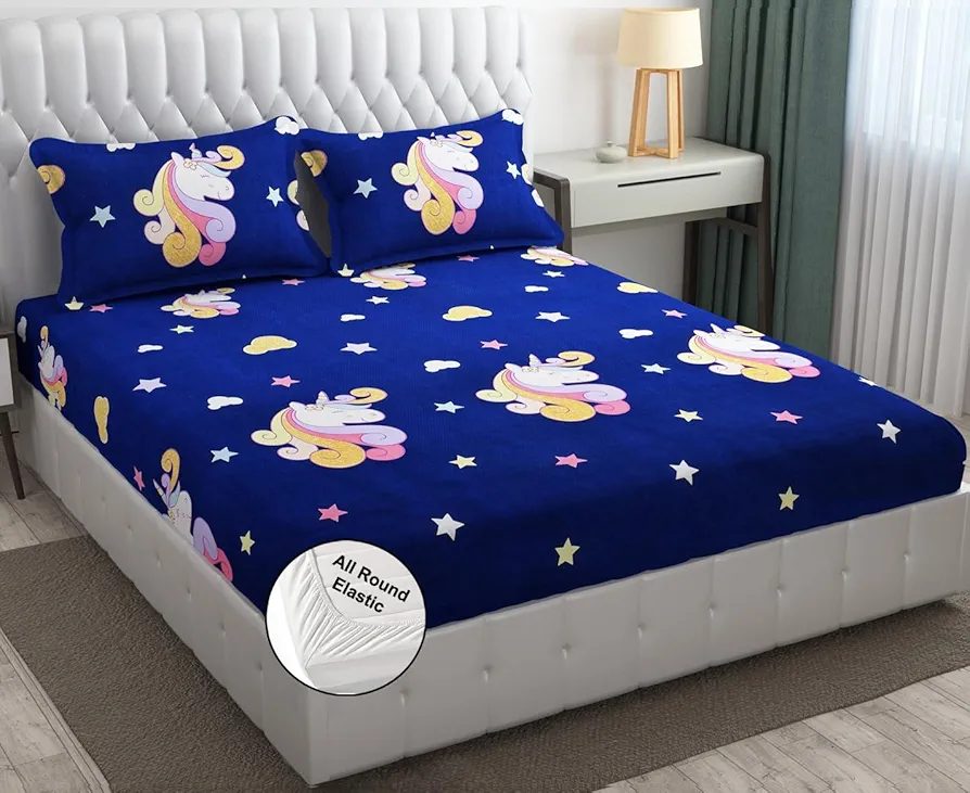 300 TC Glace Cotton Fitted Bedsheet – King Size 78x72 in | Dinosaur Cartoon Print in Blue | Wrinkle-Free with 2 Pillow Covers | Fits Mattress up to 8 Inch - Image 5