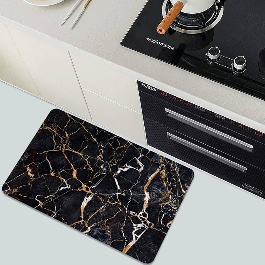 3D Non-Slip Textured Bathroom Mat (60x40 cm) - Water Absorbent Thin Square Shower Rug for Home & Kitchen (Black Marble) - Image 2