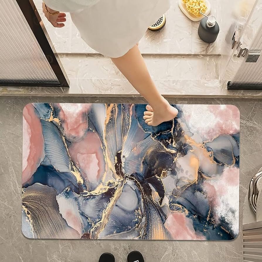 Non-Slip Textured Bathroom Mat (60x40 cm) - Water Absorbent Rug for Home & Kitchen (Pink Blue Marble) - Image 6