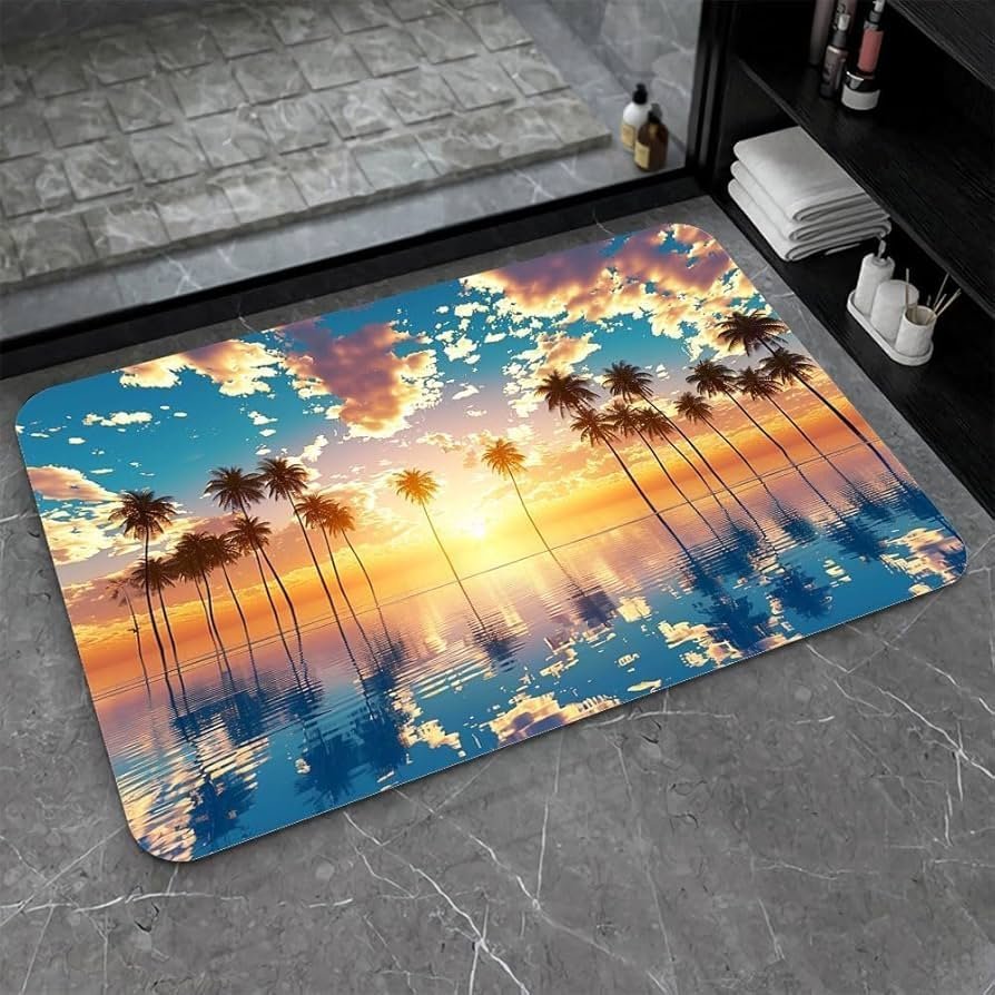 3D High Pile Non-Slip Bathroom Mat - Water Absorbent Rubber Shower Rug for Kitchen & Home (Coconut Tree Design)