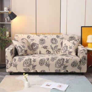 Cream Brown Flower Polyester Sofa Cover – Zipper Closure, Stretch Fit, Universal 3+1+1 Seater