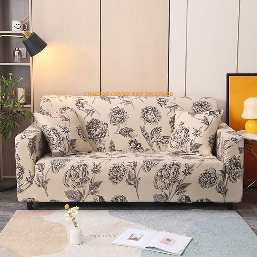 Cream Brown Flower Polyester Sofa Cover – Zipper Closure, Stretch Fit, Universal 3+1+1 Seater