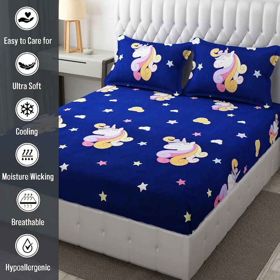 300 TC Glace Cotton Fitted Bedsheet – King Size 78x72 in | Dinosaur Cartoon Print in Blue | Wrinkle-Free with 2 Pillow Covers | Fits Mattress up to 8 Inch - Image 4