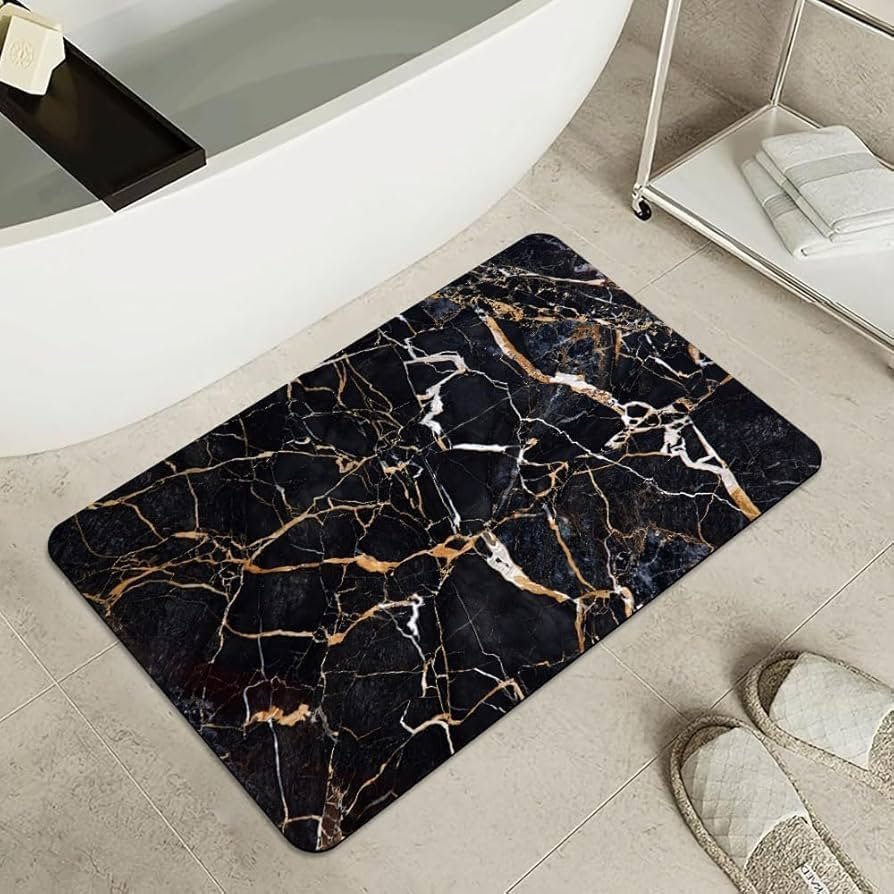3D Non-Slip Textured Bathroom Mat (60x40 cm) - Water Absorbent Thin Square Shower Rug for Home & Kitchen (Black Marble) - Image 6