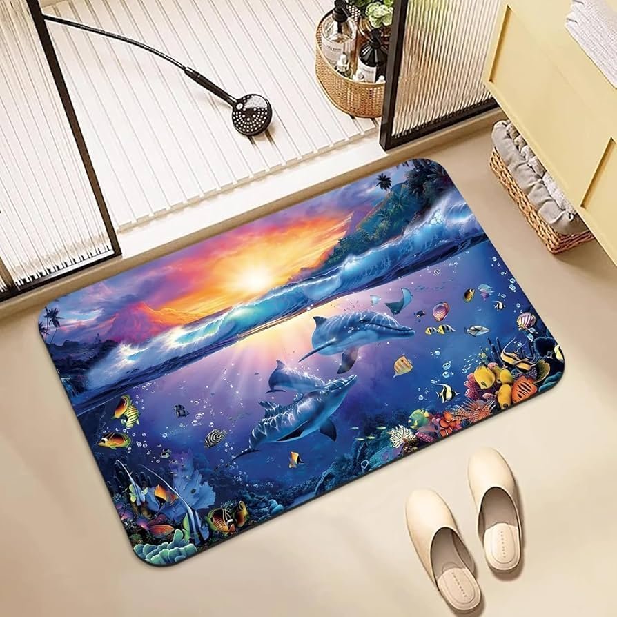 3D High Pile Non-Slip Bathroom Mat - Water Absorbent Rubber Shower Rug for Kitchen & Home (Sunset Design)