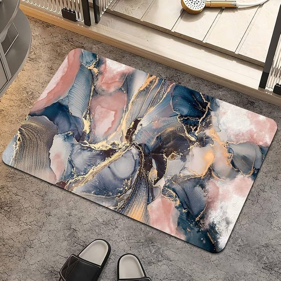 Non-Slip Textured Bathroom Mat (60x40 cm) - Water Absorbent Rug for Home & Kitchen (Pink Blue Marble)