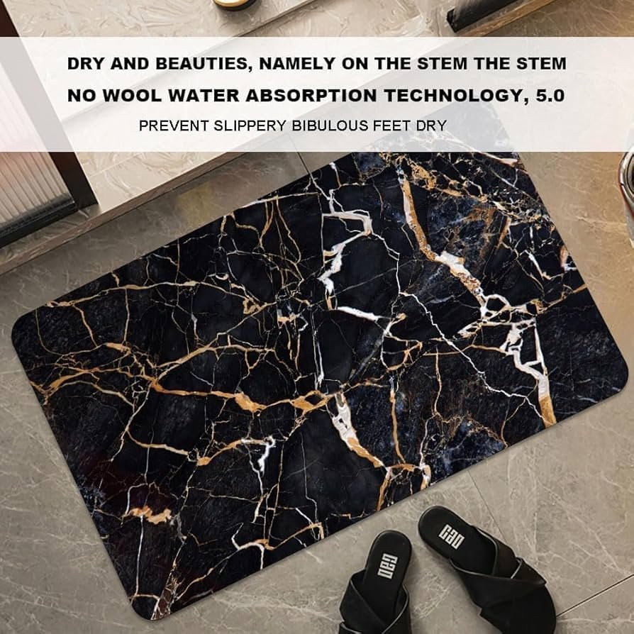 3D Non-Slip Textured Bathroom Mat (60x40 cm) - Water Absorbent Thin Square Shower Rug for Home & Kitchen (Black Marble) - Image 7