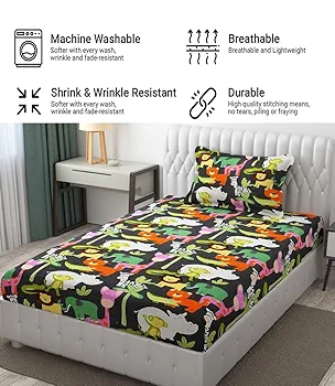 Glace Cotton Wrinkle-Free Kids Bedsheet | Cartoon Print Single Bed (60x90 in) with 1 Pillow Cover – Multicolor, 144 TC - Image 3