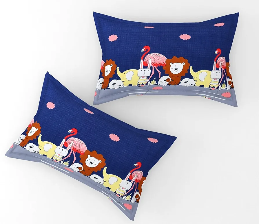 Glace Cotton Wrinkle-Free Hypoallergenic Kids Bedsheet | Cartoon Animal Print Double King Size (90x95 in) with 2 Pillow Covers – Blue, 144 TC - Image 3