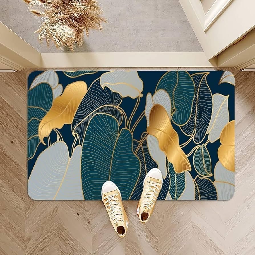 Non-Slip Textured Bathroom Mat (60x40 cm) - Water Absorbent Thin Square Shower Rug for Home (Green Plant Leaf Design)