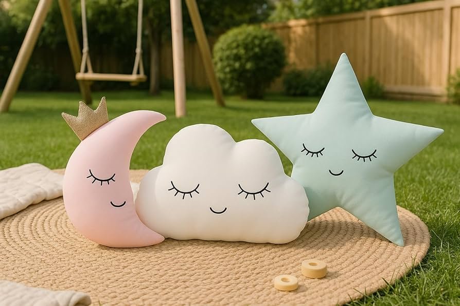 Velvet Baby Cushion Set of 3 – Cloud, Moon & Star Shapes | Pink Green | Soft Polyester Filled Crib Cushions - Image 3