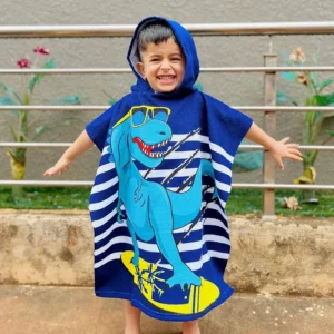 Poncho Hooded Towel for Kids – 60 x 60 cm (Blue Dino)