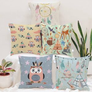 Owl Theme Printed Polycotton Cushion Covers _ Decorative Square Throw Pillow Cases for Sofa, Living Room & Bedroom _ Set of 5 (16 x 16 Inches)