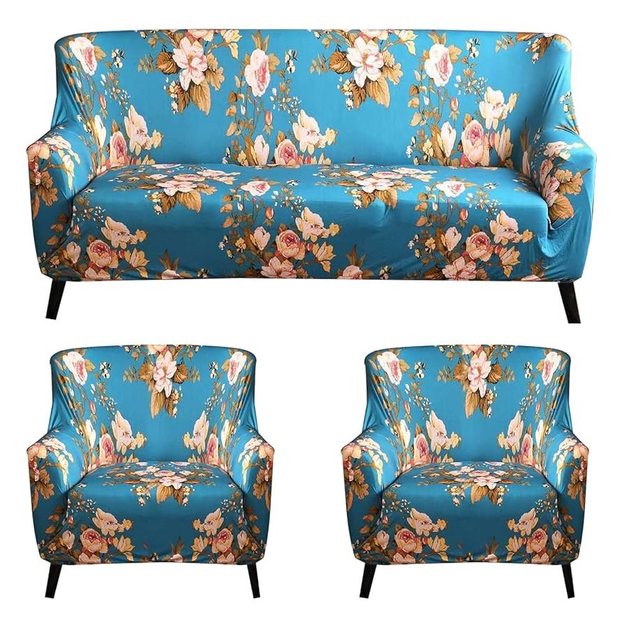 Blue Flower Polyester Sofa Cover – Stretch Fit, Universal 3+1+1 Seater, Floral Print - Image 4