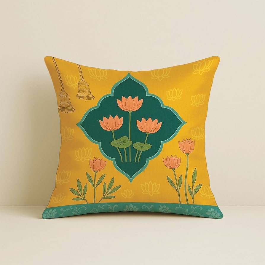 Satin Ethnic Cushion Covers Cow & Lotus Art, 16x16 Inches, Pack of 5 for Living Room & Festive Decor - Image 7