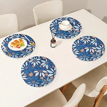 6-Piece Round Printed Placemat Set | Heat-Resistant Table Mats for Dining & Coffee Table | Botanical Blue Design | 36x36 cm - Image 2
