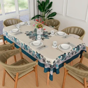 Blue Rose Digital Embroidery Cotton Dining Table Cover – 6-Seater, 60x90 Inch, Indoor & Outdoor
