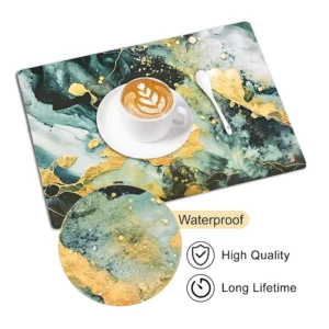 12-Piece Wipeable & Reusable PVC Placemats | Marble Print Sea Green & Yellow | Dining Table Food Mats for Home & Kitchen