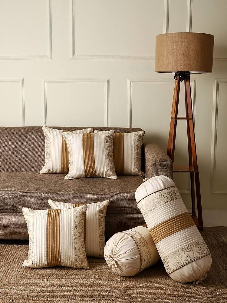 Silk Striped & Rajasthani Warli Golden Hand Printed Square Pillow Cushion Covers 16x16 inches Set of 5 & Round Pillow Bolster Covers Set of 2 16x32 inches (Pack of 7,Beige) - Image 9