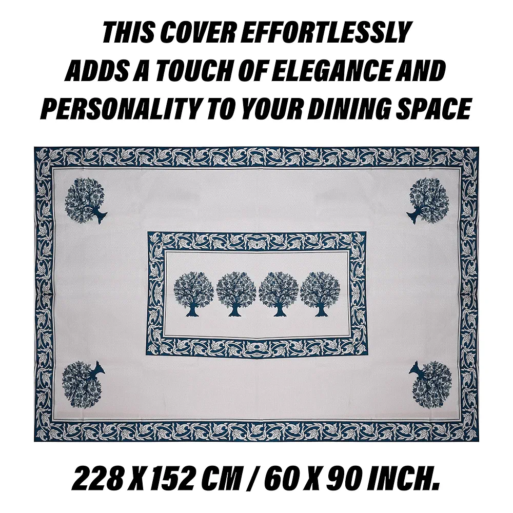 Blue Tree Floral Cotton Dining Table Cover – 6-Seater, 60x90 Inch, Multicolor - Image 3