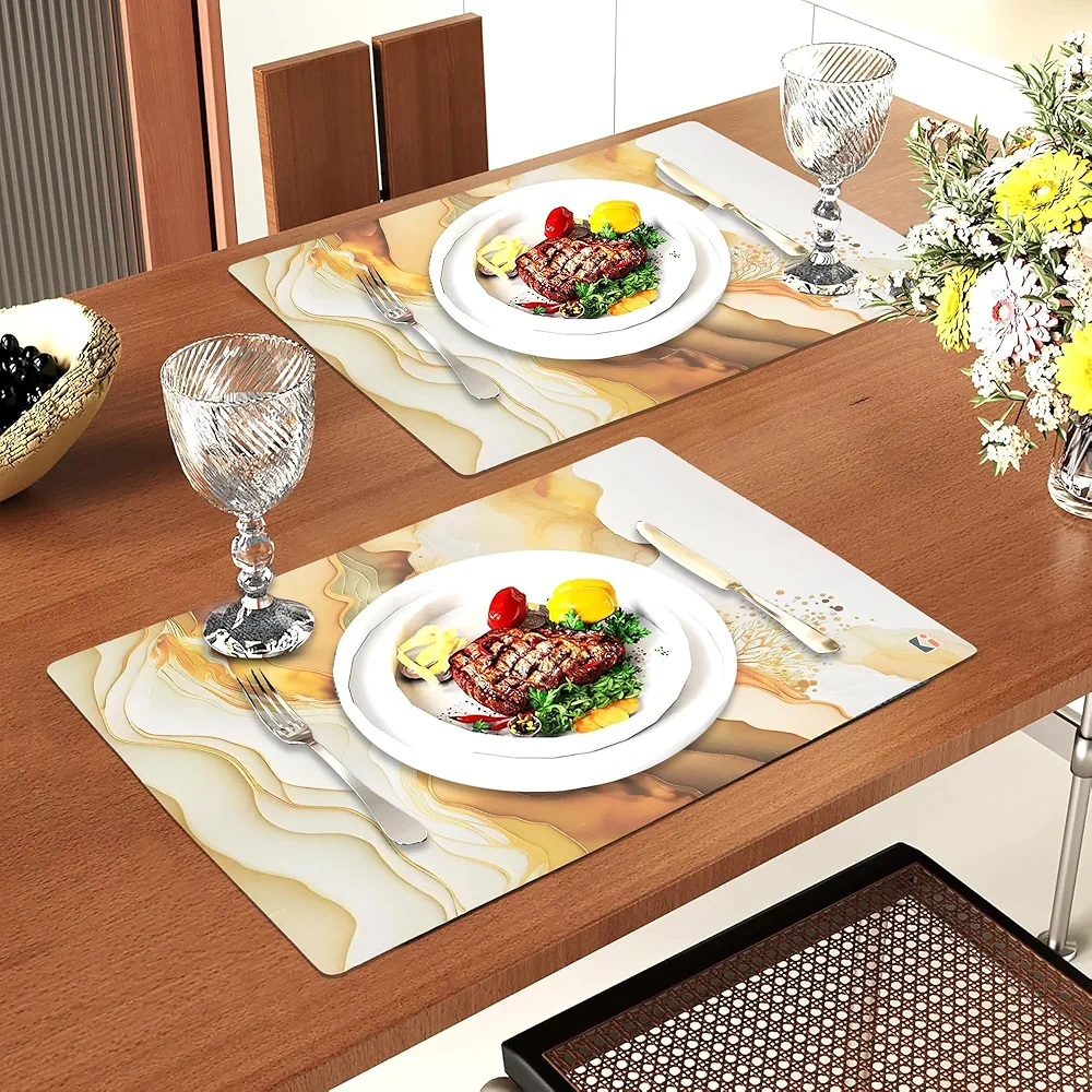 12-Piece Wipeable & Reusable PVC Placemats | Marble Print Cream & Gold | Dining Table Food Mats for Home, Bedroom & Kitchen - Image 5