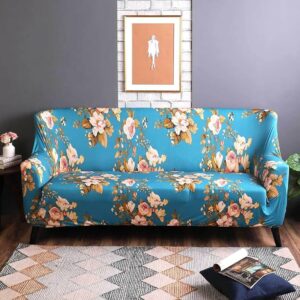 Blue Flower Polyester Sofa Cover – Stretch Fit, Universal 3+1+1 Seater, Floral Print