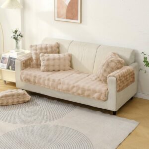 Premium Faux Rabbit Fur Anti-Slip 3 Seater Sofa Mat with 2 Armrest Covers – Latte Brown