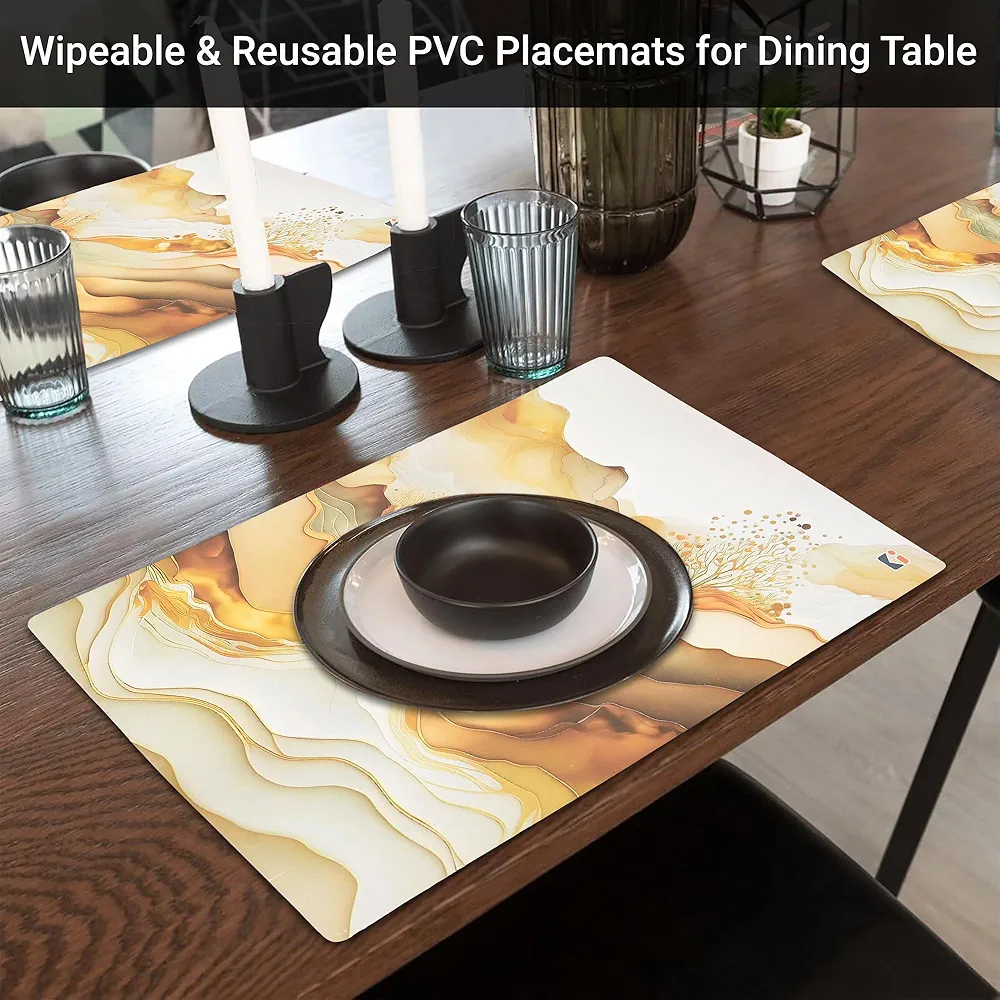 12-Piece Wipeable & Reusable PVC Placemats | Marble Print Cream & Gold | Dining Table Food Mats for Home, Bedroom & Kitchen - Image 2