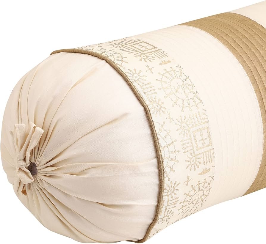 Silk Striped & Rajasthani Warli Golden Hand Printed Square Pillow Cushion Covers 16x16 inches Set of 5 & Round Pillow Bolster Covers Set of 2 16x32 inches (Pack of 7,Beige) - Image 10