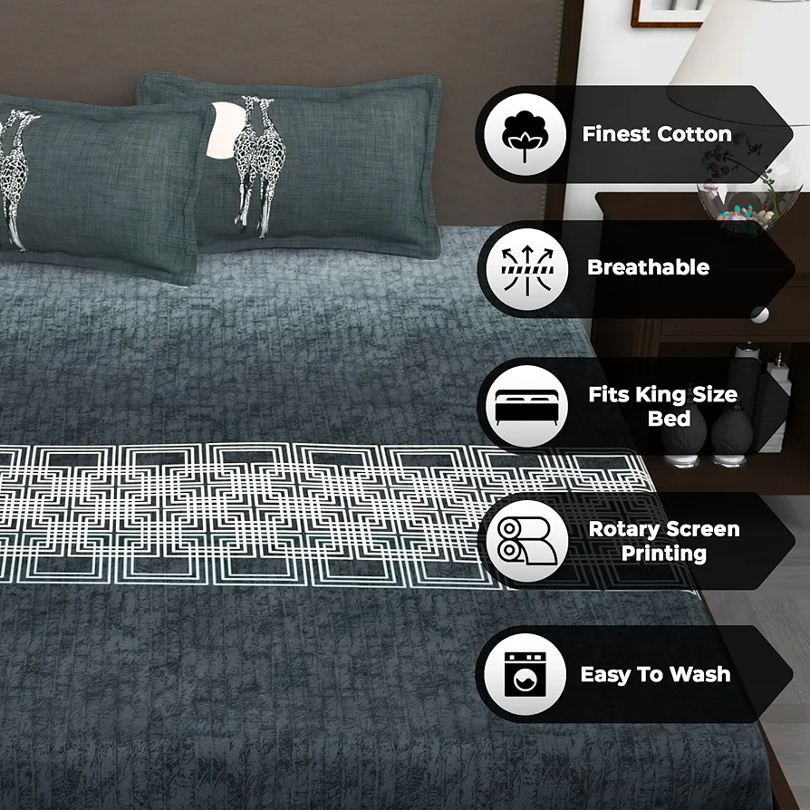 240 TC Cotton King Size Bedsheet with 2 Pillow Covers | 270 x 270 cm | Light Grey Geometric Pattern | Soft & Breathable Fabric - Image 2