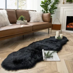 Black Fluffy Sheepskin Rug – 2x6 ft, Ultra Soft, Machine Washable, for Living Room, Bedroom & Nursery
