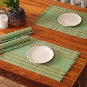 Handmade Dining Table Mats Set of 4_ Natural Grass Dinner Placemats for Dining Table _ Heat Resistant _ Non Slippery _ 12x18 inches (4Placemats,Aqua Green and Beige)