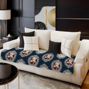 Premium Soft Quilted Velvet Sofa Cover Mat – 1 Seater (Blue Damask)