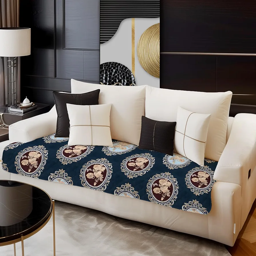 Premium Soft Quilted Velvet Sofa Cover Mat – 1 Seater (Blue Damask)