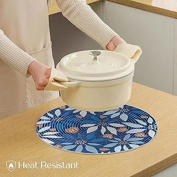 6-Piece Round Printed Placemat Set | Heat-Resistant Table Mats for Dining & Coffee Table | Botanical Blue Design | 36x36 cm - Image 6