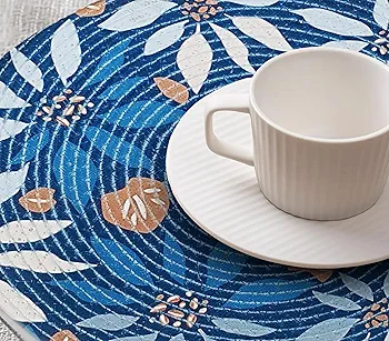 6-Piece Round Printed Placemat Set | Heat-Resistant Table Mats for Dining & Coffee Table | Botanical Blue Design | 36x36 cm - Image 3